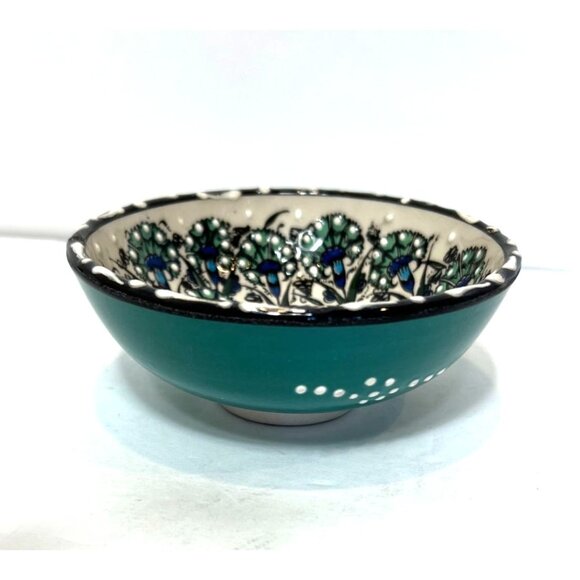 Nakkas Cini Turkish Ceramic Hand Painted Blue Green Small Tapas Bowl 5" Wide - Picture 4 of 8